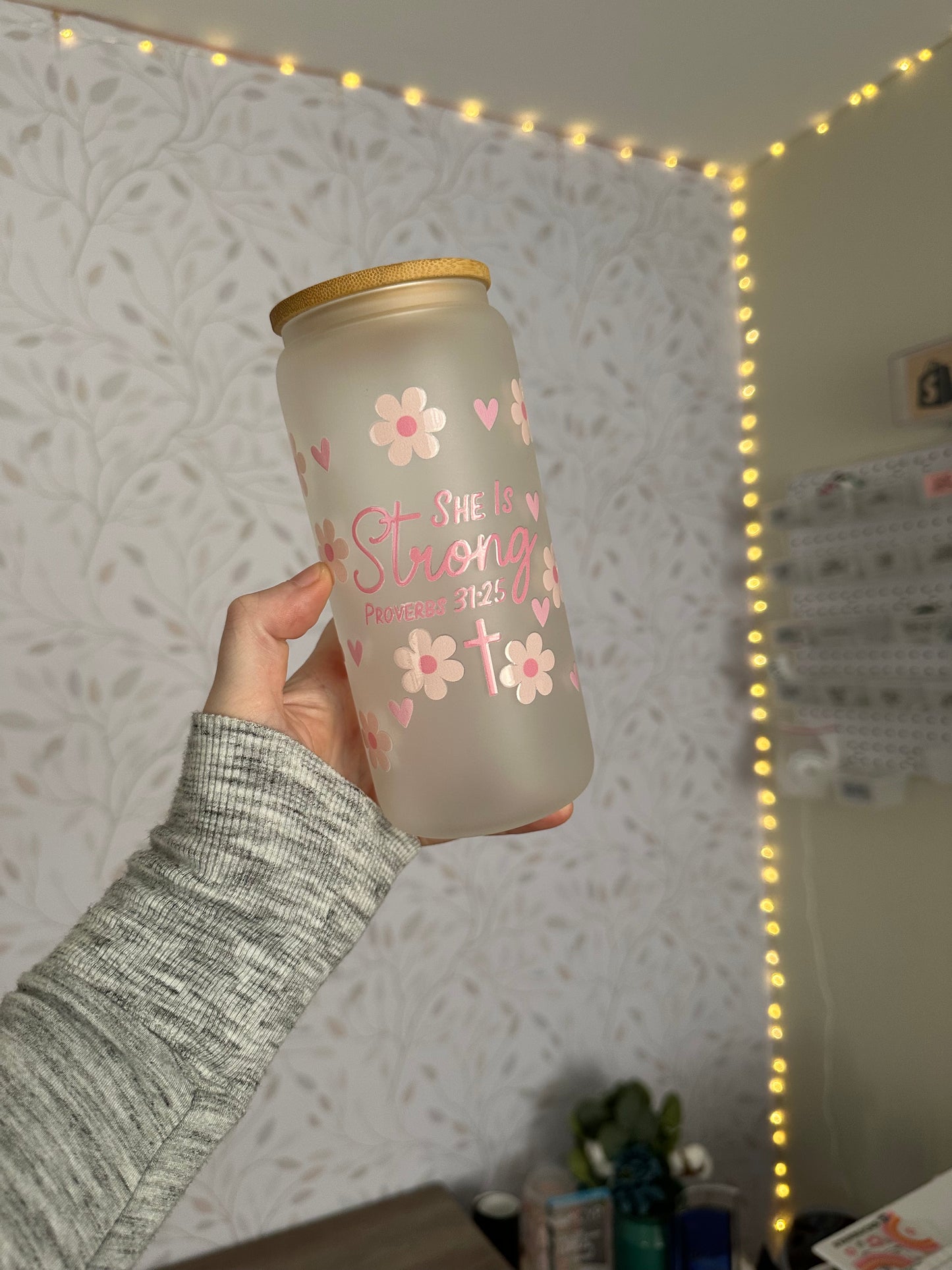 She Is Strong - Proverbs 31:25 | UVDTF | 20 oz Libbey Can Glass with Bamboo Lid & Straw