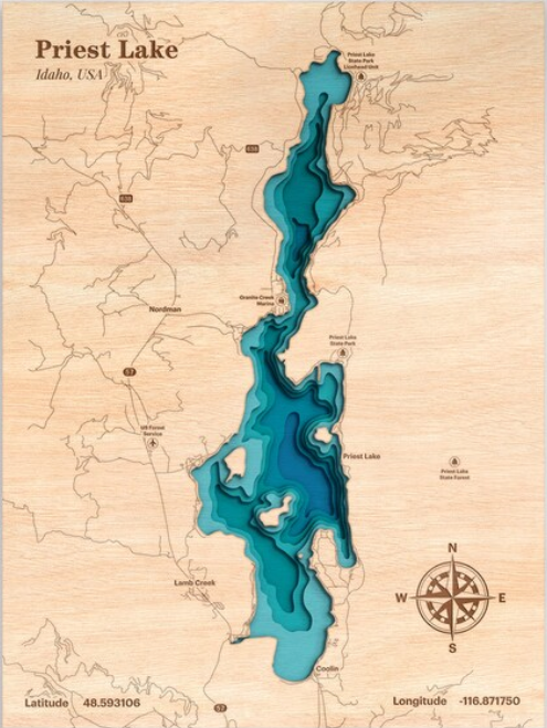 Priest Lake, Idaho | ENGRAVED & PAINTED | Topo Map