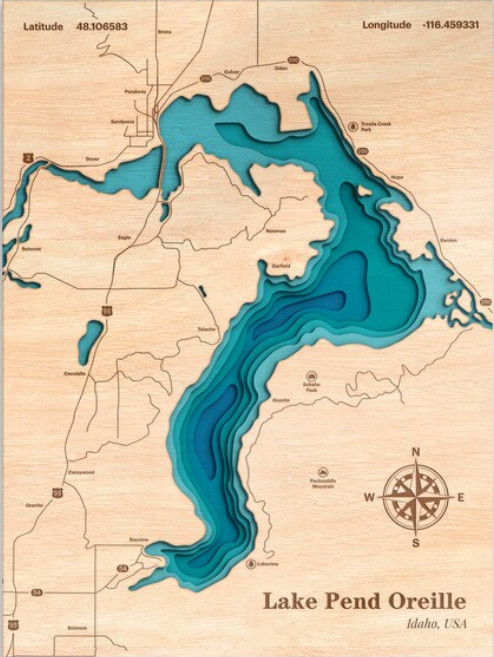 Lake Pend Oreille, Idaho | ENGRAVED & PAINTED | Topo Map