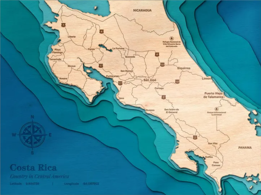 Costa Rica | ENGRAVED & PAINTED | Topo Map