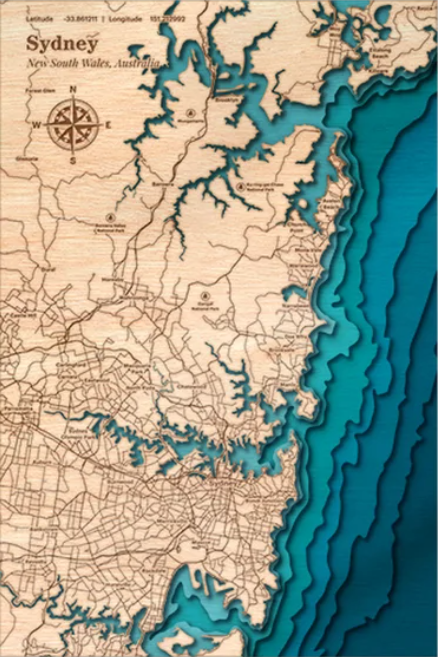 Sydney, Australia | ENGRAVED & PAINTED | Topo Map