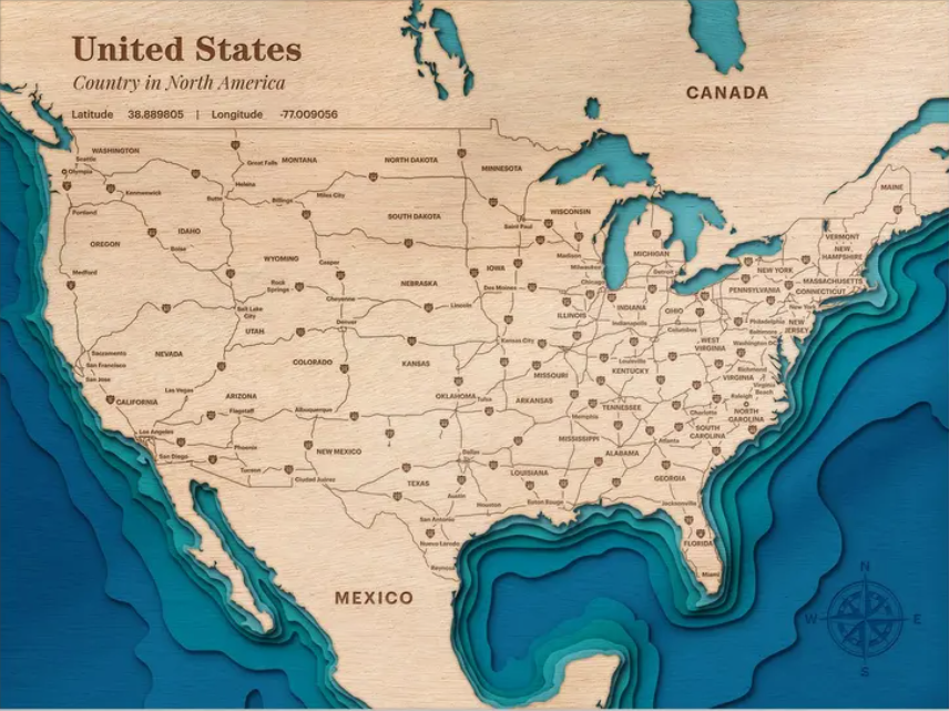 United States | ENGRAVED & PAINTED | Topo Map