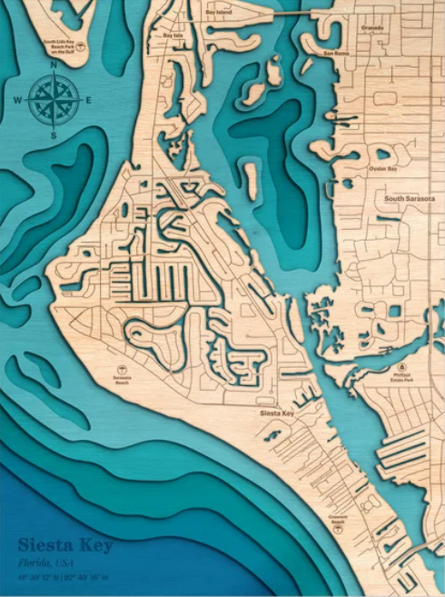 Siesta Key, Florida | ENGRAVED & PAINTED | Topo Map
