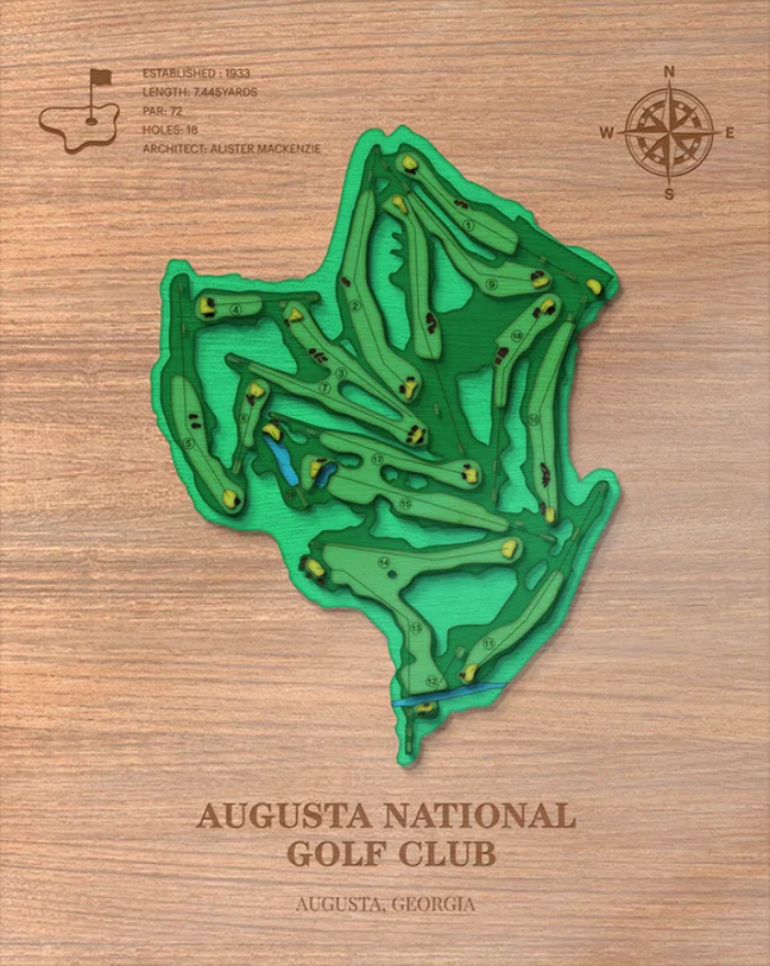 Augusta National Golf Course | ENGRAVED & STAINED | Topo Map