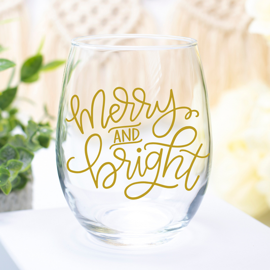 Merry & Bright | VINYL | 12oz Stemless Wine Glass