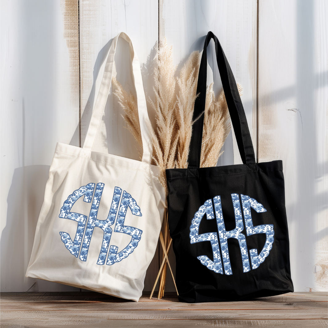 Blue Chinoiserie Monogram | Canvas Tote Bag