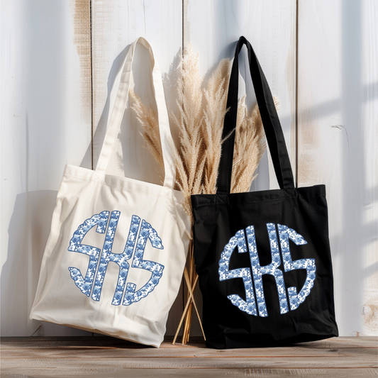 Blue Chinoiserie Monogram | Canvas Tote Bag