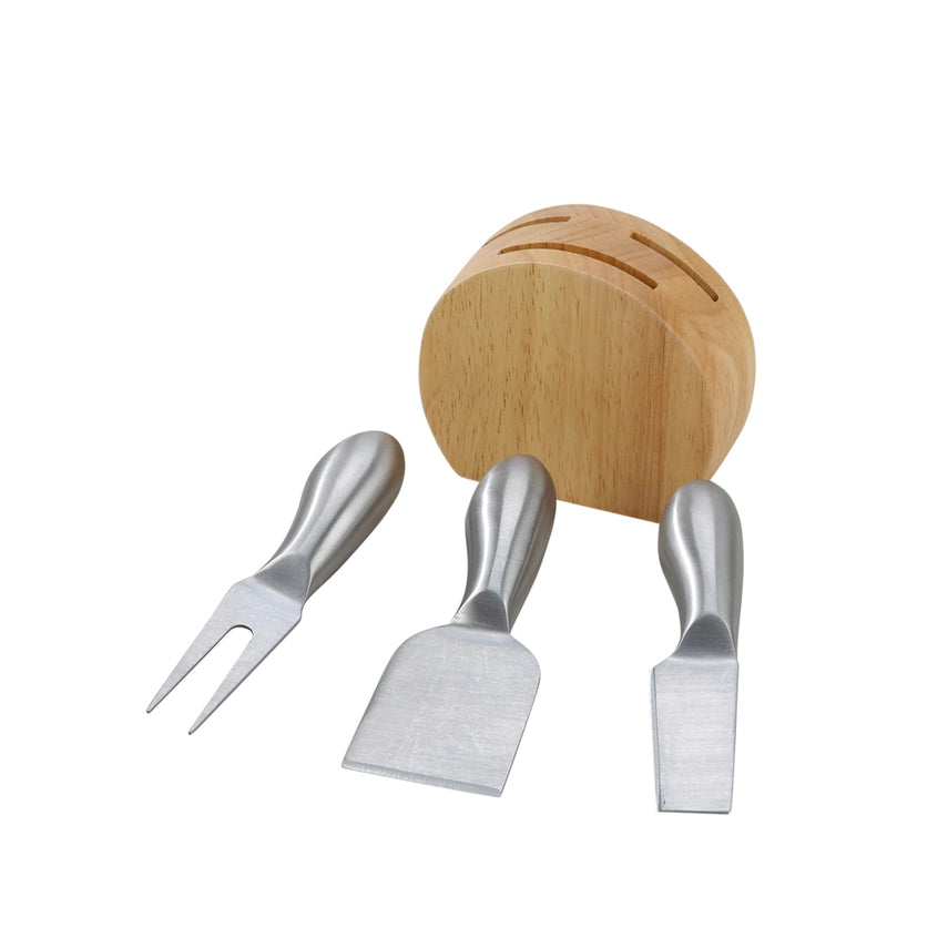 Wood Block with 3 Stainless Steel Cheese Knives