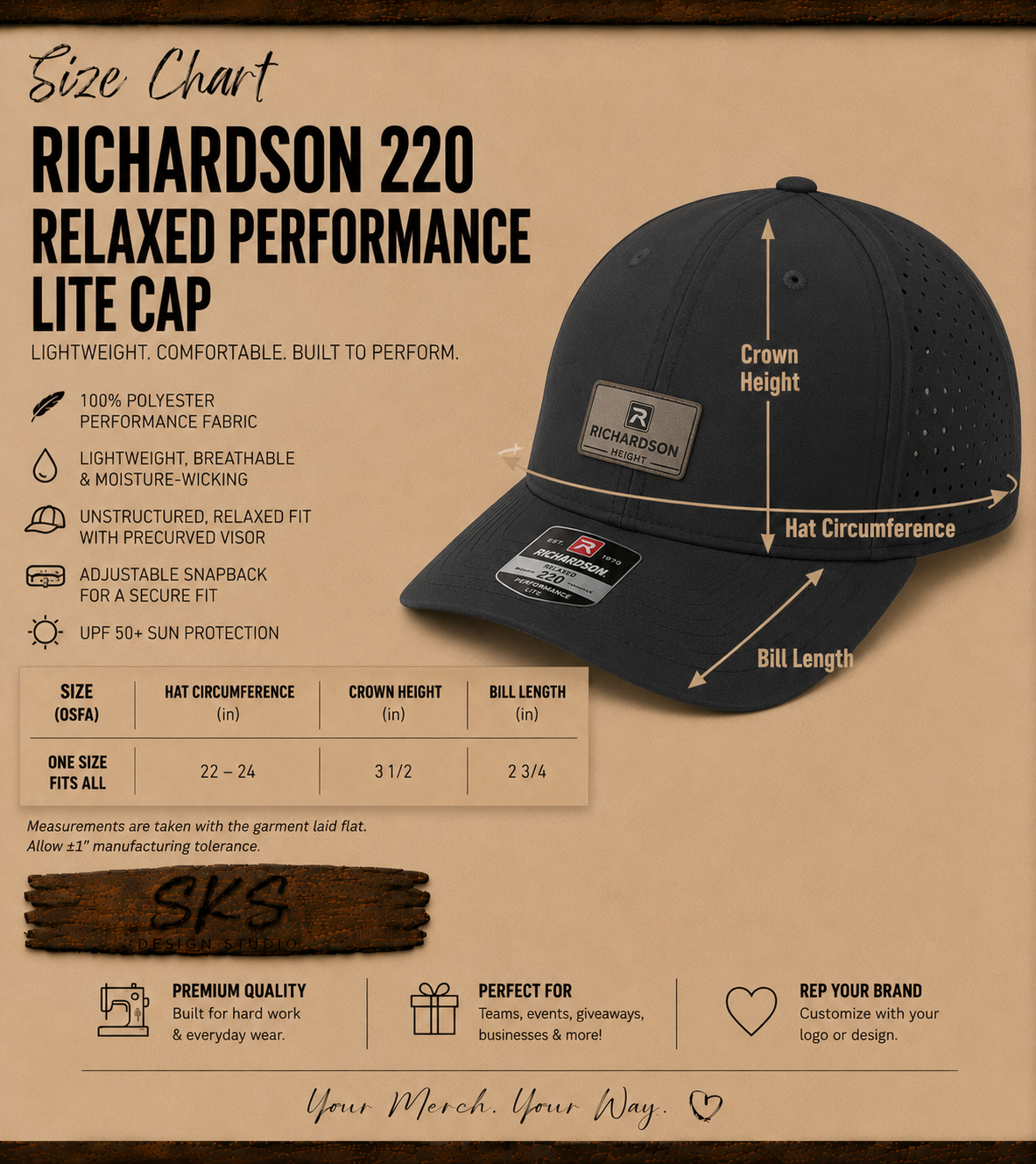 CUSTOM LOGO | Richardson 220 Relaxed Performance Lite Cap with Laser Engraved Leather Patch