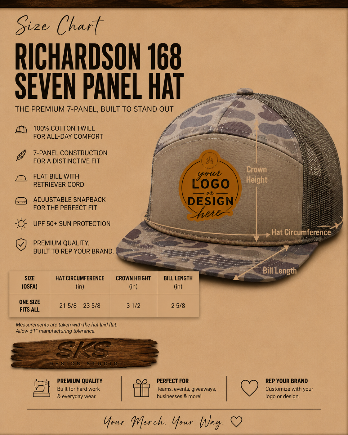 CUSTOM LOGO | Camo Richardson 168 Seven-Panel Hat with Laser Engraved Leather Patch