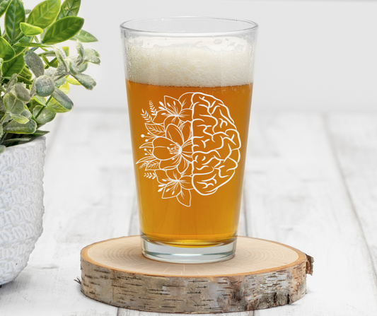 Floral Brain | Mental Health Matters | ENGRAVED | 16 oz Pint Glass